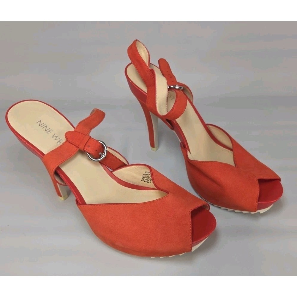 Nine WEST Orange Open-Toe Platform High Heels With Ankle Strap 9.5. SCUFF MARKS